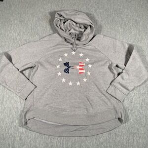 Under Armour Hoodie Womens XL Gray Patriotic USA Flag Logo Pullover Fleece Stars